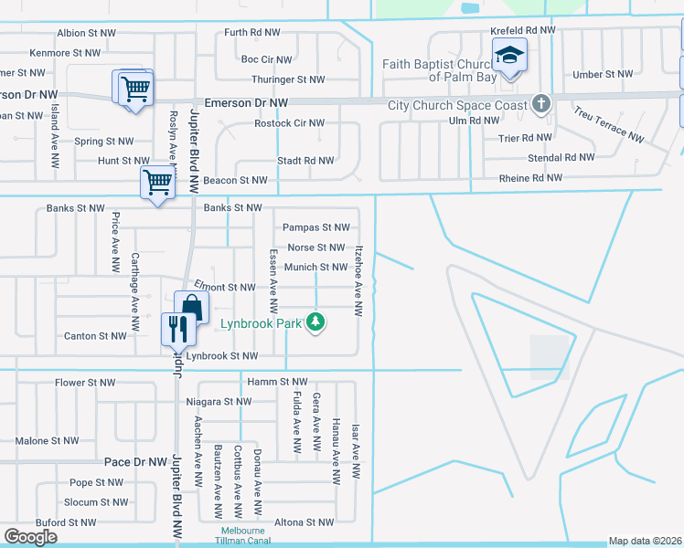 map of restaurants, bars, coffee shops, grocery stores, and more near 667 Elmont Street Northwest in Palm Bay