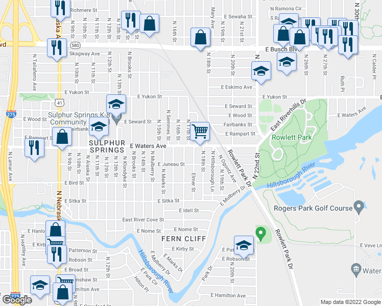 map of restaurants, bars, coffee shops, grocery stores, and more near 8312 North Elmer Street in Tampa