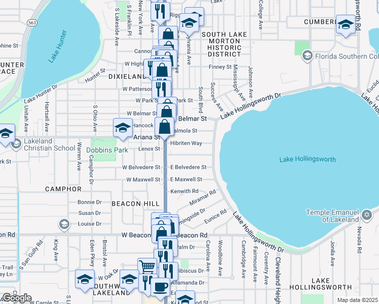 map of restaurants, bars, coffee shops, grocery stores, and more near 220 Patten Heights Street in Lakeland