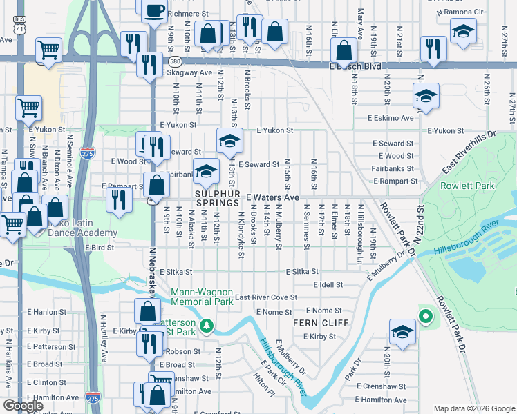 map of restaurants, bars, coffee shops, grocery stores, and more near 8311 North Brooks Street in Tampa