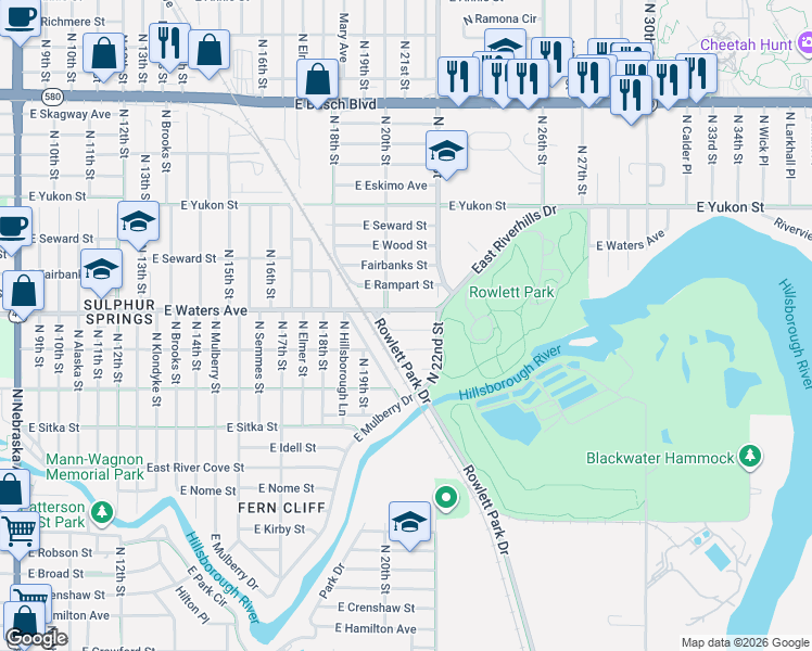 map of restaurants, bars, coffee shops, grocery stores, and more near 2113 East Nedro Road in Tampa
