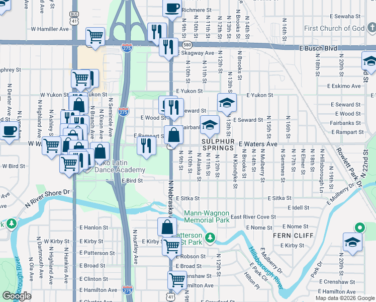 map of restaurants, bars, coffee shops, grocery stores, and more near 8306 North 9th Street in Tampa
