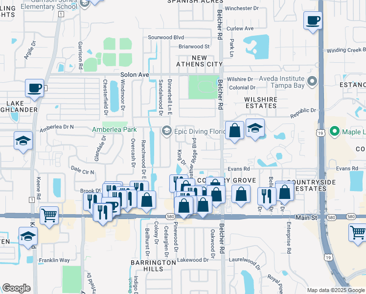 map of restaurants, bars, coffee shops, grocery stores, and more near 1500 King Drive in Dunedin