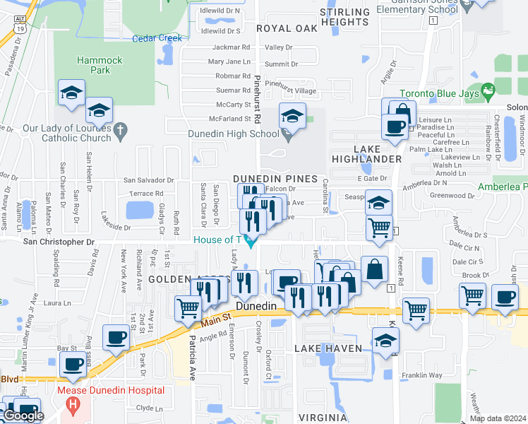map of restaurants, bars, coffee shops, grocery stores, and more near 1463 Pinehurst Road in Dunedin