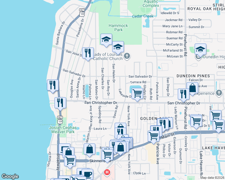 map of restaurants, bars, coffee shops, grocery stores, and more near 1470 San Helen Drive in Dunedin