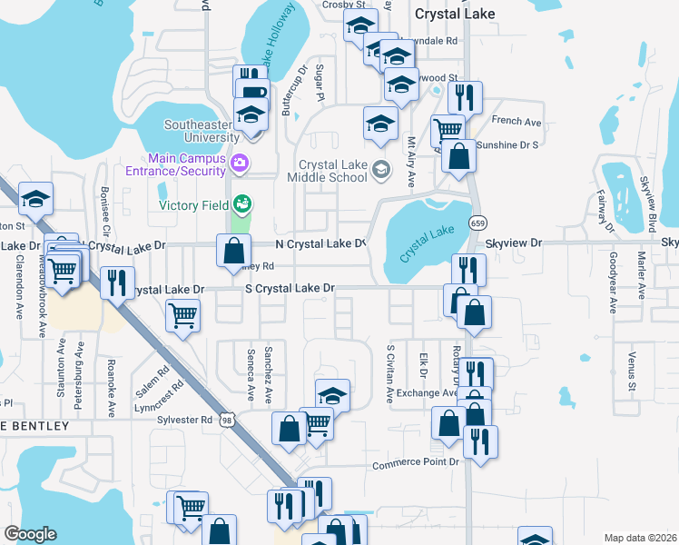 map of restaurants, bars, coffee shops, grocery stores, and more near 2320 South Crystal Lake Drive in Lakeland