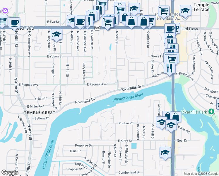 map of restaurants, bars, coffee shops, grocery stores, and more near 4826 Riverhills Drive in Tampa