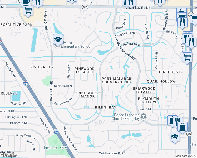 map of restaurants, bars, coffee shops, grocery stores, and more near 1161 Riviera Drive Northeast in Palm Bay