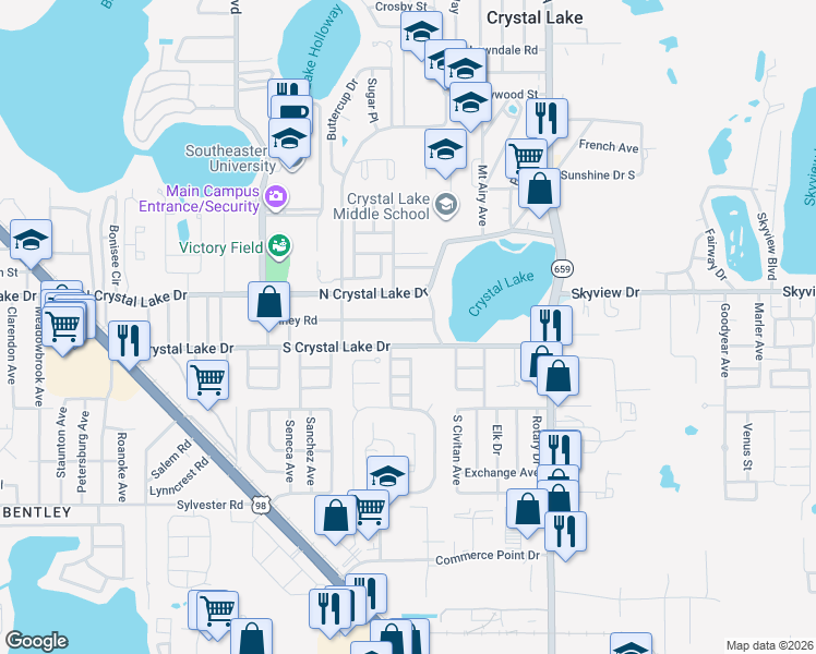 map of restaurants, bars, coffee shops, grocery stores, and more near 2319 Olney Road in Lakeland