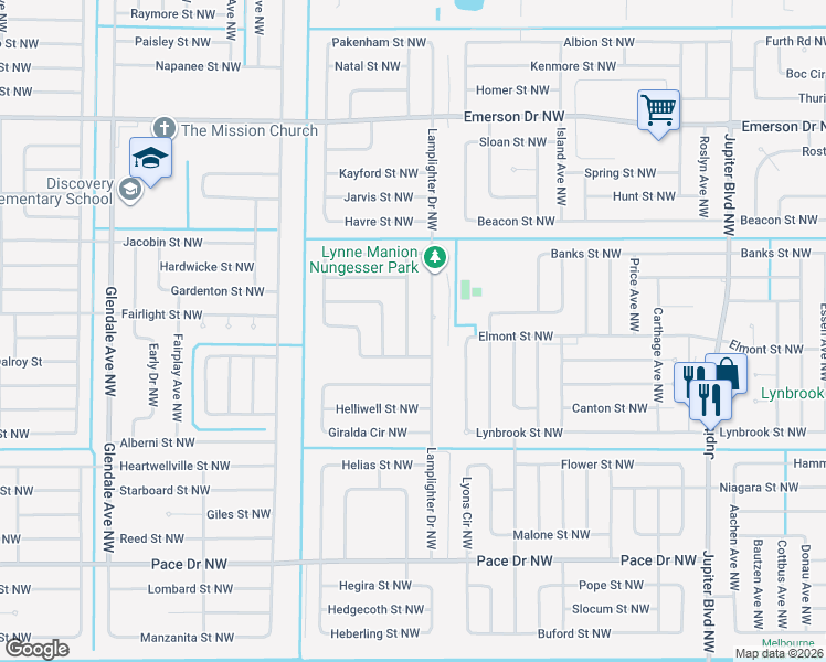 map of restaurants, bars, coffee shops, grocery stores, and more near 1071 Lamplighter Drive Northwest in Palm Bay