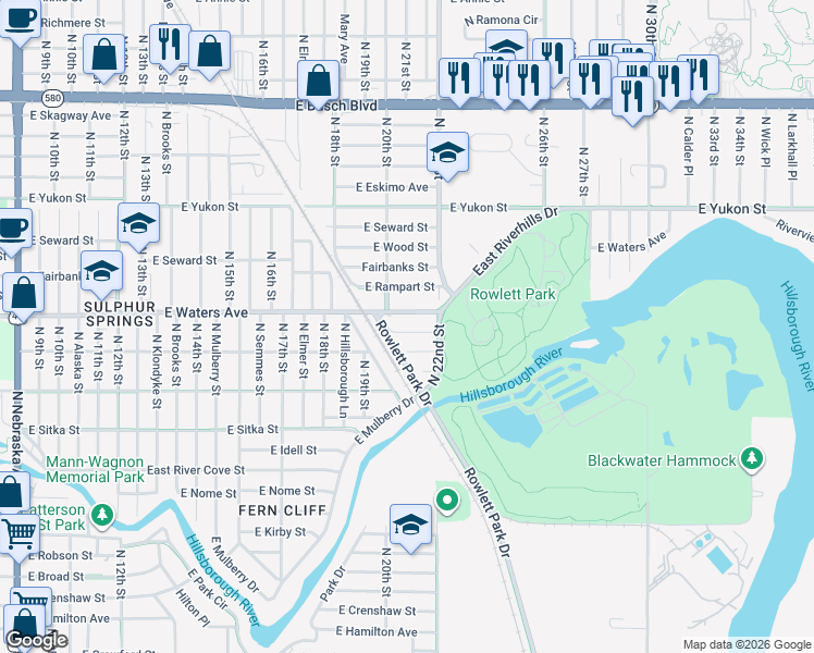 map of restaurants, bars, coffee shops, grocery stores, and more near 2113 East Nedro Road in Tampa
