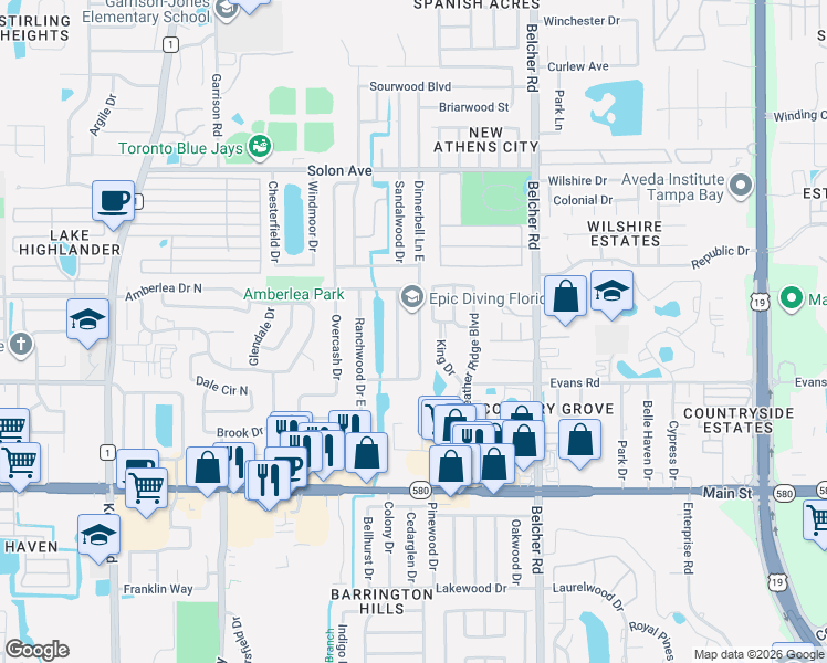 map of restaurants, bars, coffee shops, grocery stores, and more near 1249 Stony Brook Lane in Dunedin