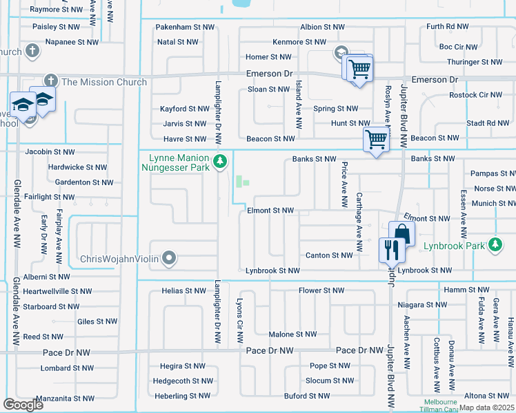 map of restaurants, bars, coffee shops, grocery stores, and more near 1199 Elmont Street Northwest in Palm Bay
