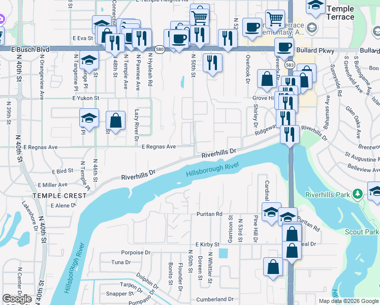 map of restaurants, bars, coffee shops, grocery stores, and more near 4826 Riverhills Drive in Tampa