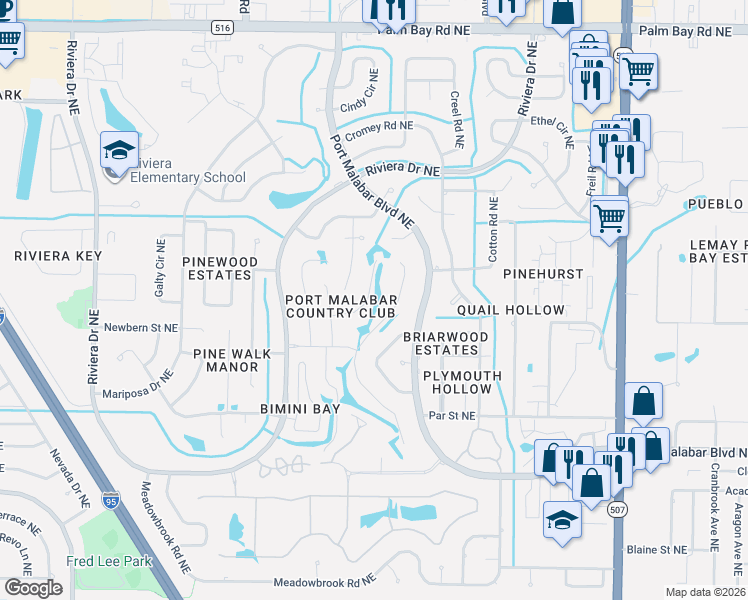 map of restaurants, bars, coffee shops, grocery stores, and more near 980 Waialae Circle Northeast in Palm Bay