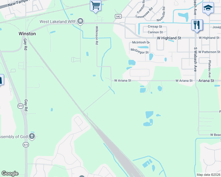 map of restaurants, bars, coffee shops, grocery stores, and more near 1495 Wilkinson Road in Lakeland