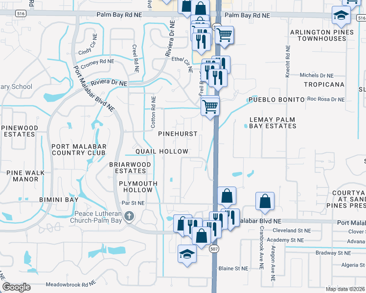 map of restaurants, bars, coffee shops, grocery stores, and more near 2913 Tree Ridge Lane Northeast in Palm Bay