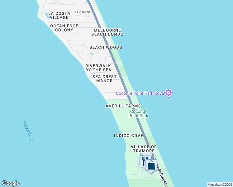map of restaurants, bars, coffee shops, grocery stores, and more near 145 Sandy Shoes Drive in Melbourne Beach