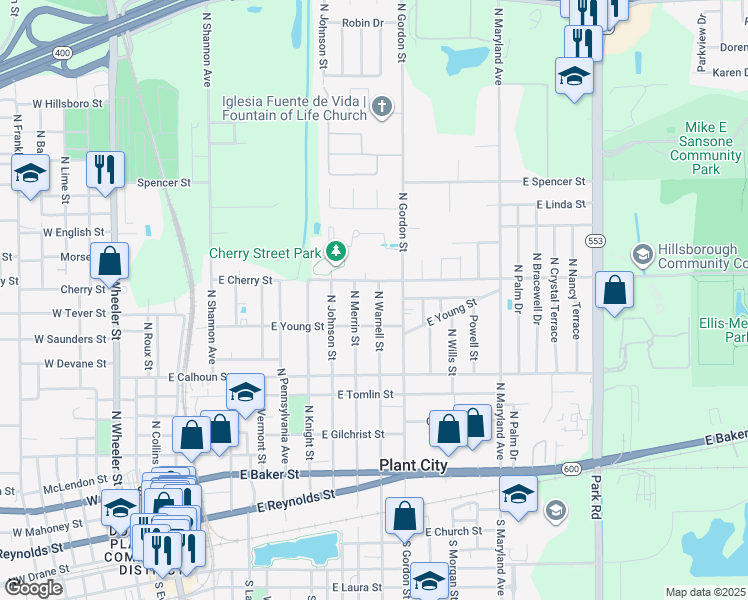map of restaurants, bars, coffee shops, grocery stores, and more near 1109 North Warnell Street in Plant City