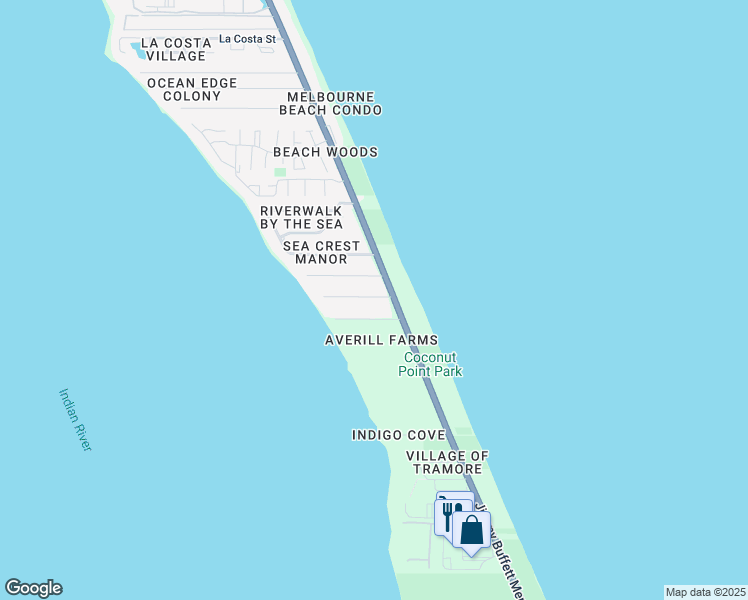 map of restaurants, bars, coffee shops, grocery stores, and more near 120 5th Street in Melbourne Beach