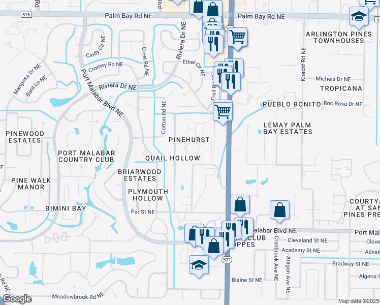 map of restaurants, bars, coffee shops, grocery stores, and more near 2913 Tree Ridge Lane Northeast in Palm Bay