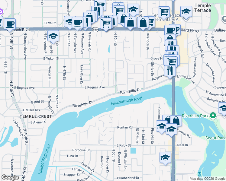 map of restaurants, bars, coffee shops, grocery stores, and more near 4826 Riverhills Drive in Tampa