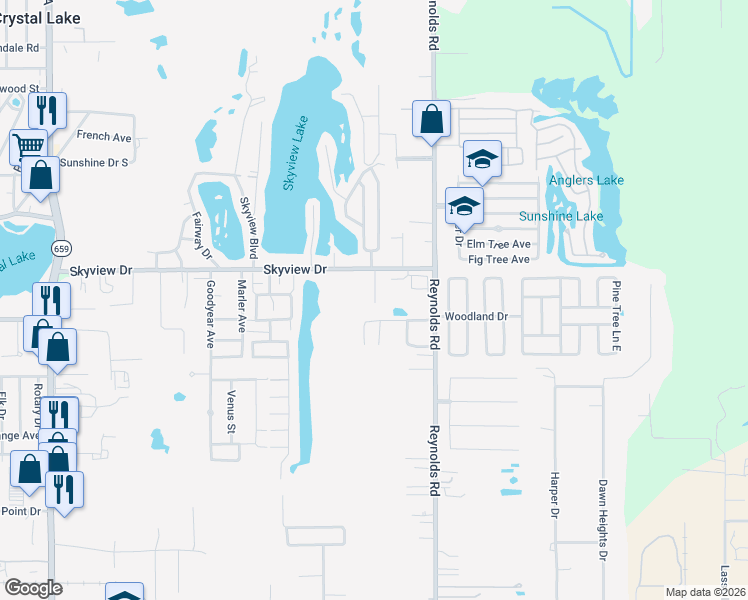 map of restaurants, bars, coffee shops, grocery stores, and more near 1519 Peavy Court in Lakeland