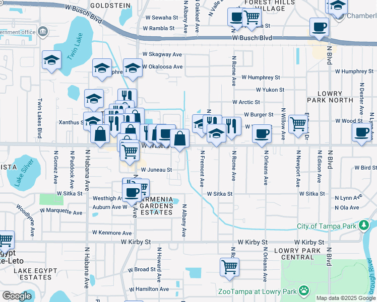 map of restaurants, bars, coffee shops, grocery stores, and more near 1914 West Waters Avenue in Tampa