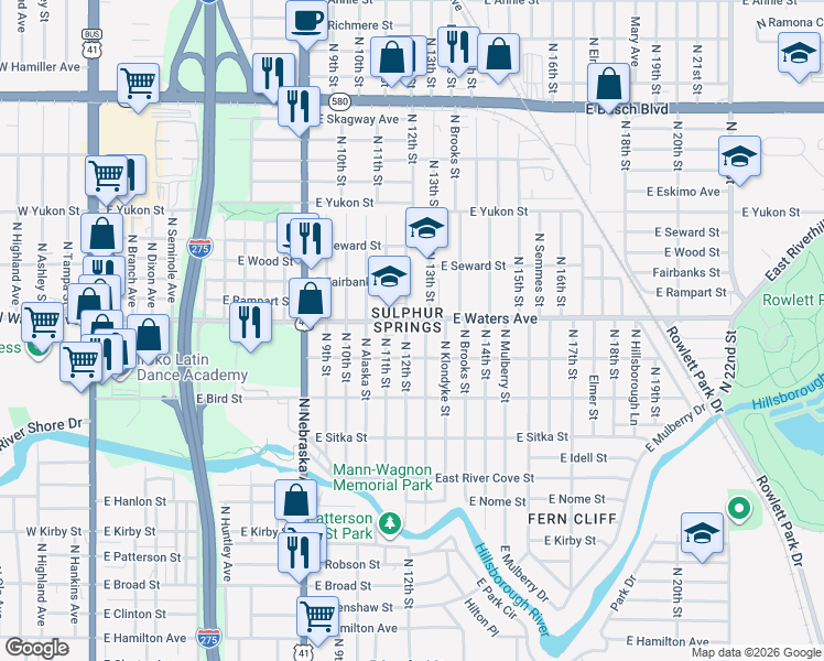 map of restaurants, bars, coffee shops, grocery stores, and more near 8308 North 12th Street in Tampa