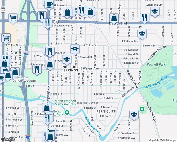 map of restaurants, bars, coffee shops, grocery stores, and more near 8315 North 14th Street in Tampa