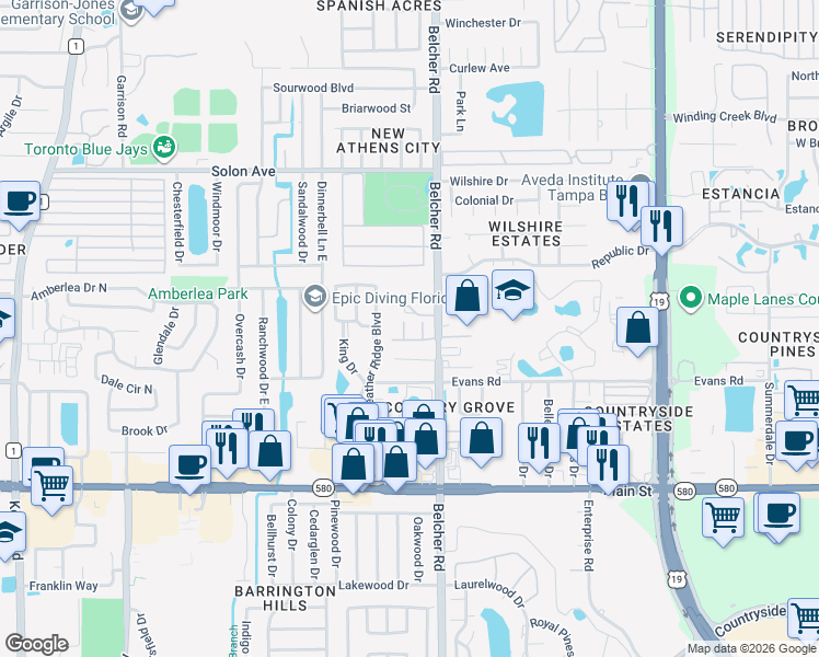 map of restaurants, bars, coffee shops, grocery stores, and more near 1539 Rebecca Lane in Dunedin