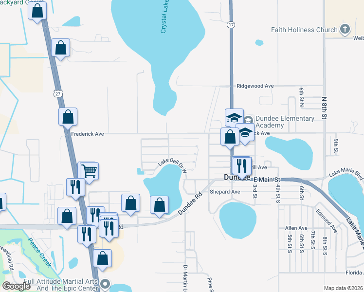 map of restaurants, bars, coffee shops, grocery stores, and more near Juniper Drive East in Dundee