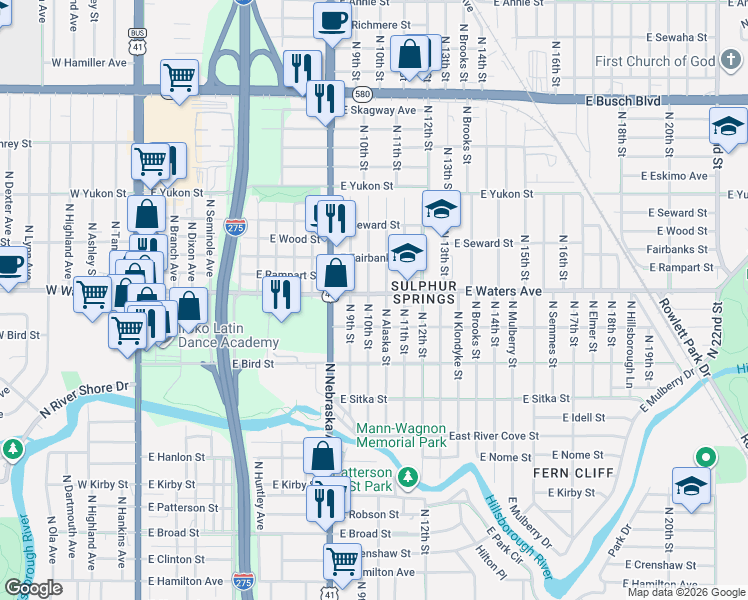 map of restaurants, bars, coffee shops, grocery stores, and more near 8308 North Alaska Street in Tampa