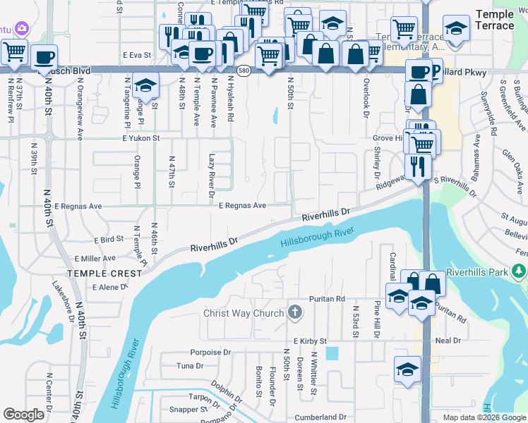 map of restaurants, bars, coffee shops, grocery stores, and more near 4818 Riverhills Drive in Tampa