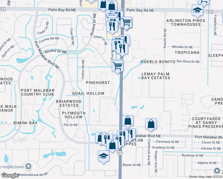 map of restaurants, bars, coffee shops, grocery stores, and more near 1657 Sunny Brook Lane in Palm Bay