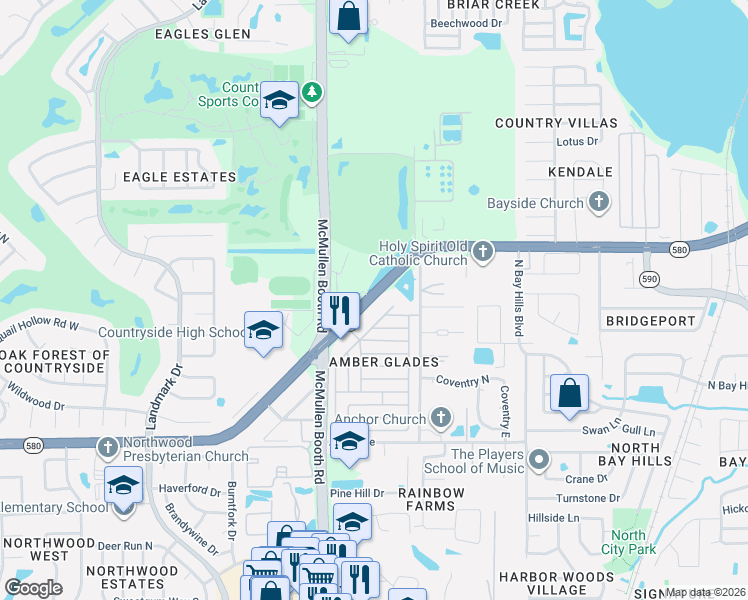 map of restaurants, bars, coffee shops, grocery stores, and more near 3135 Florida 580 in Clearwater