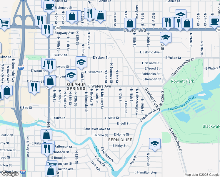 map of restaurants, bars, coffee shops, grocery stores, and more near 8307 North Mulberry Street in Tampa