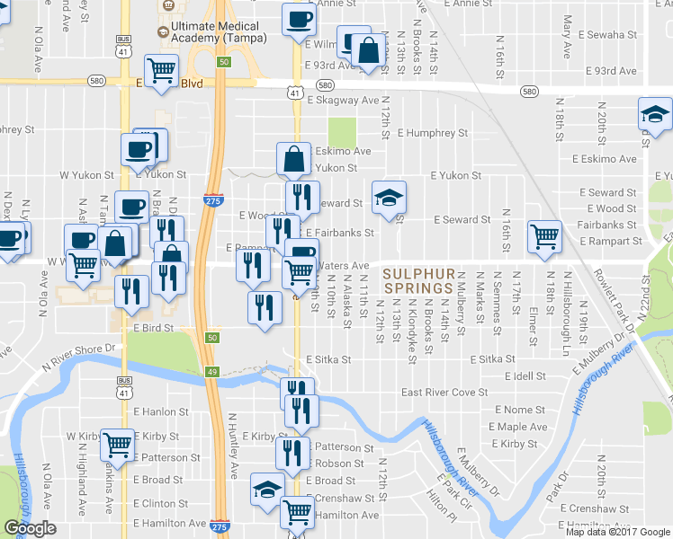map of restaurants, bars, coffee shops, grocery stores, and more near 8308 North Alaska Street in Tampa