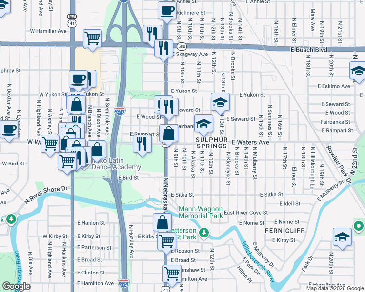 map of restaurants, bars, coffee shops, grocery stores, and more near 8306 North 9th Street in Tampa