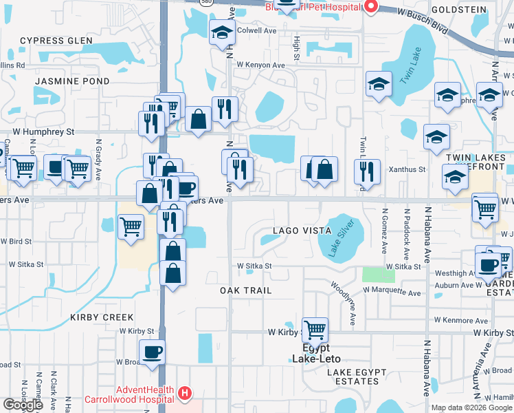map of restaurants, bars, coffee shops, grocery stores, and more near 8304 Vallejo Place in Tampa
