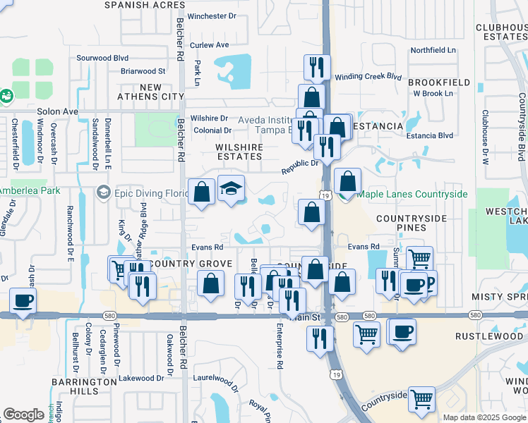 map of restaurants, bars, coffee shops, grocery stores, and more near 2293 Cumberland Circle in Clearwater