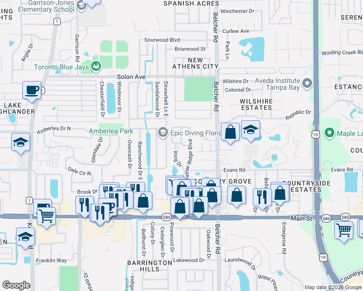 map of restaurants, bars, coffee shops, grocery stores, and more near 1500 King Drive in Dunedin