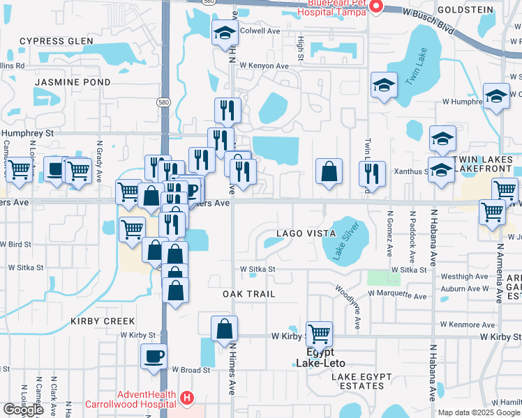 map of restaurants, bars, coffee shops, grocery stores, and more near 3520 West Waters Avenue in Tampa