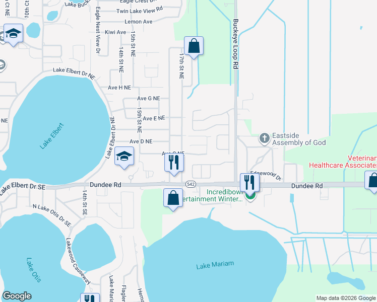 map of restaurants, bars, coffee shops, grocery stores, and more near 1734 Avenue C Northeast in Winter Haven