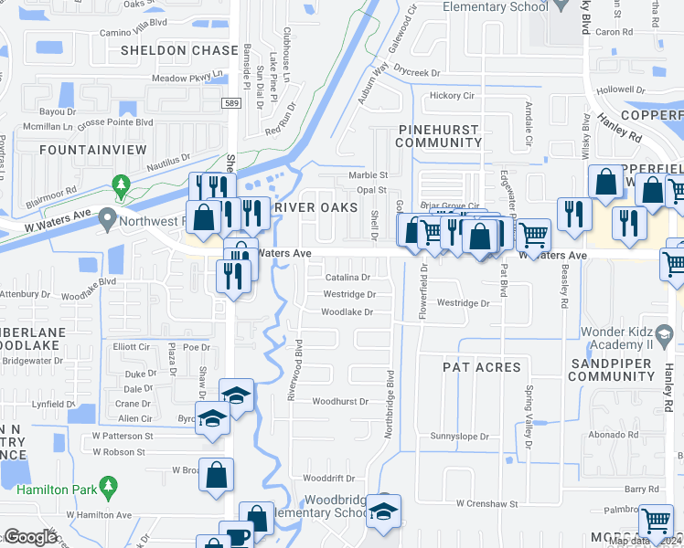 map of restaurants, bars, coffee shops, grocery stores, and more near 8301 Carmel Place in Tampa