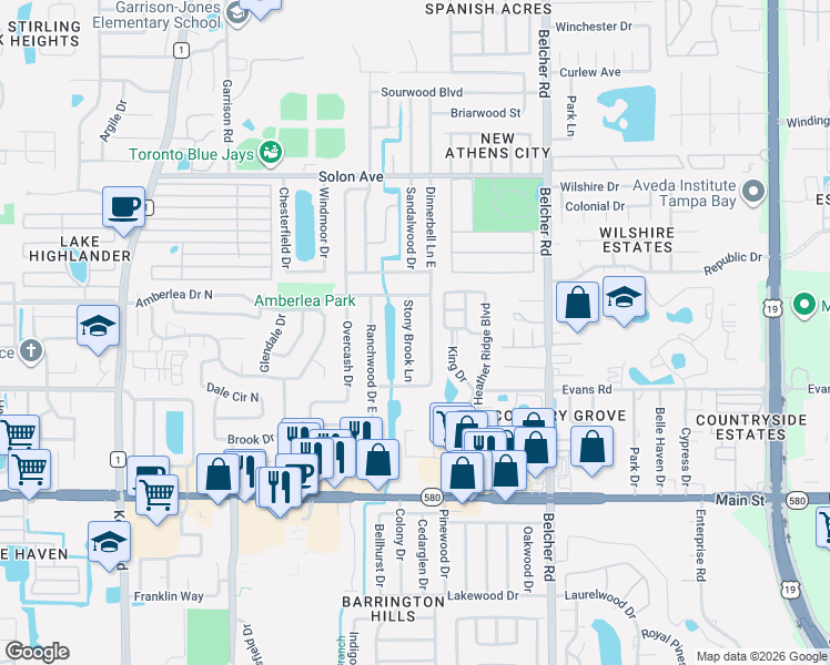 map of restaurants, bars, coffee shops, grocery stores, and more near 1249 Stony Brook Lane in Dunedin