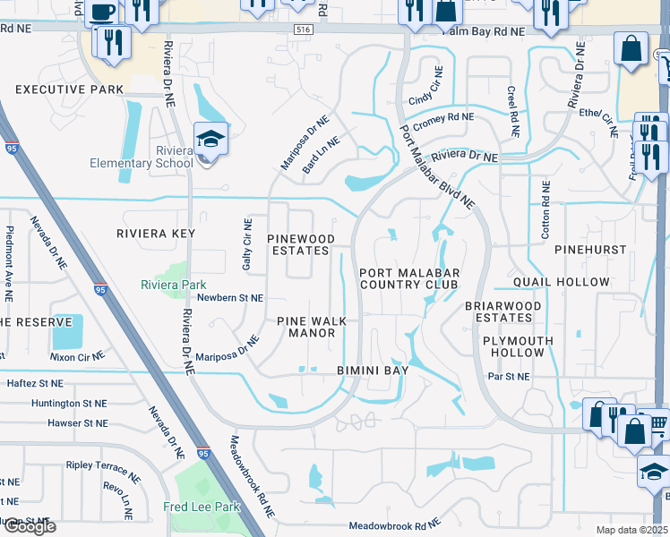 map of restaurants, bars, coffee shops, grocery stores, and more near 1075 Hampshire Avenue Northeast in Palm Bay