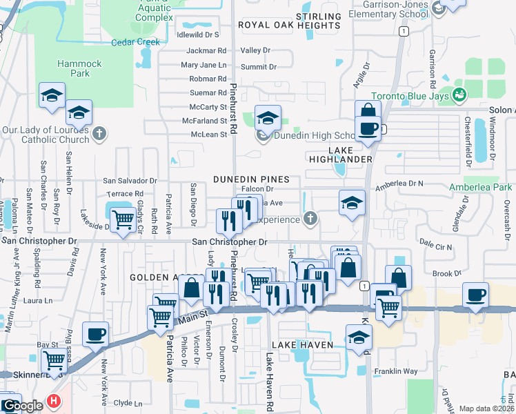map of restaurants, bars, coffee shops, grocery stores, and more near 1327 Georgia Avenue in Dunedin