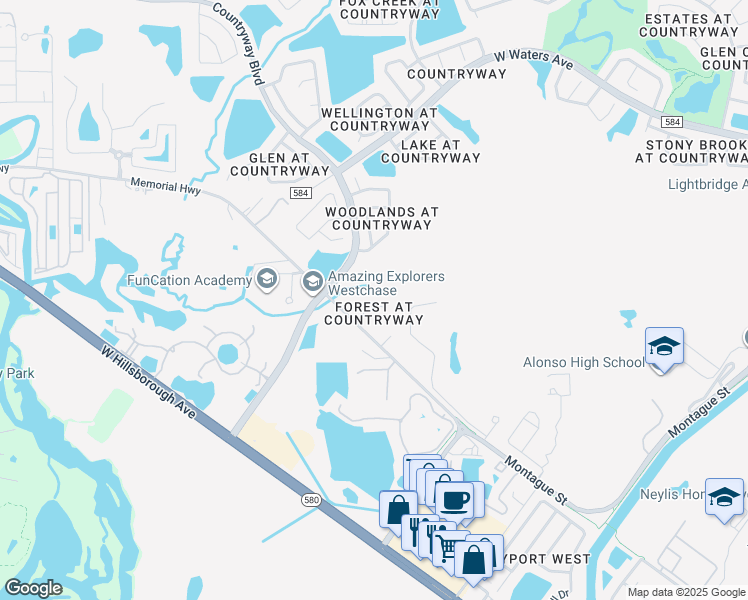 map of restaurants, bars, coffee shops, grocery stores, and more near 8110 Pond Shadow Lane in Tampa