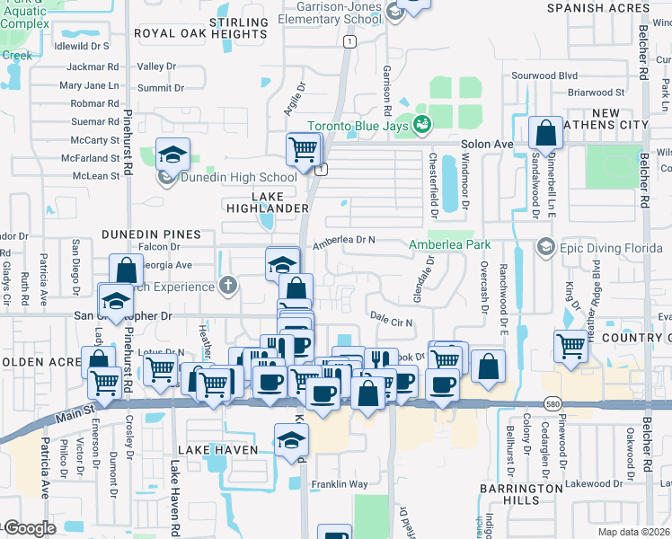 map of restaurants, bars, coffee shops, grocery stores, and more near 1554 Glen Court in Dunedin